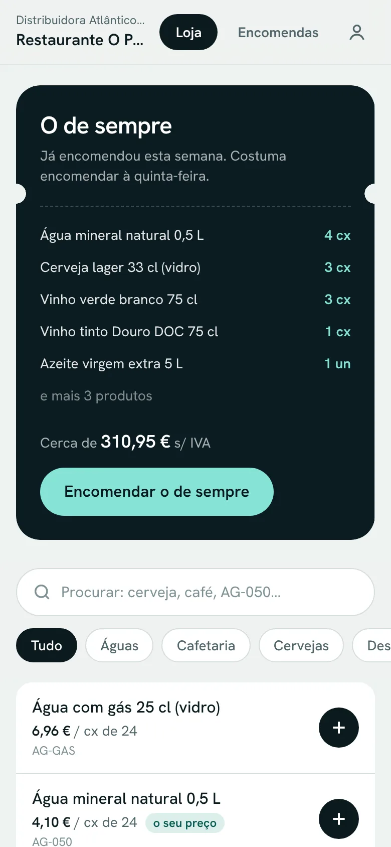 Ecrã inicial da loja no telemóvel, com o talão “O de sempre” e o catálogo