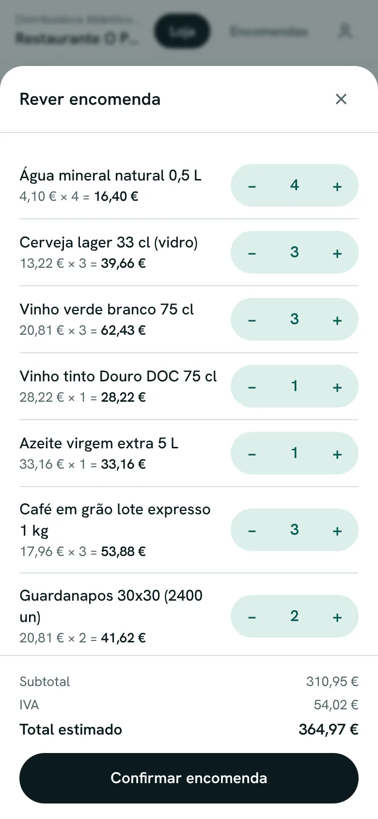 Revisão da encomenda no telemóvel com quantidades, subtotal, IVA e total