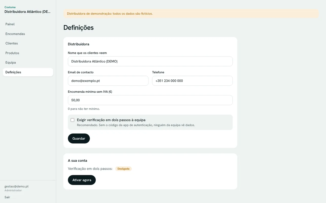 Definições do distribuidor com encomenda mínima e verificação em dois passos