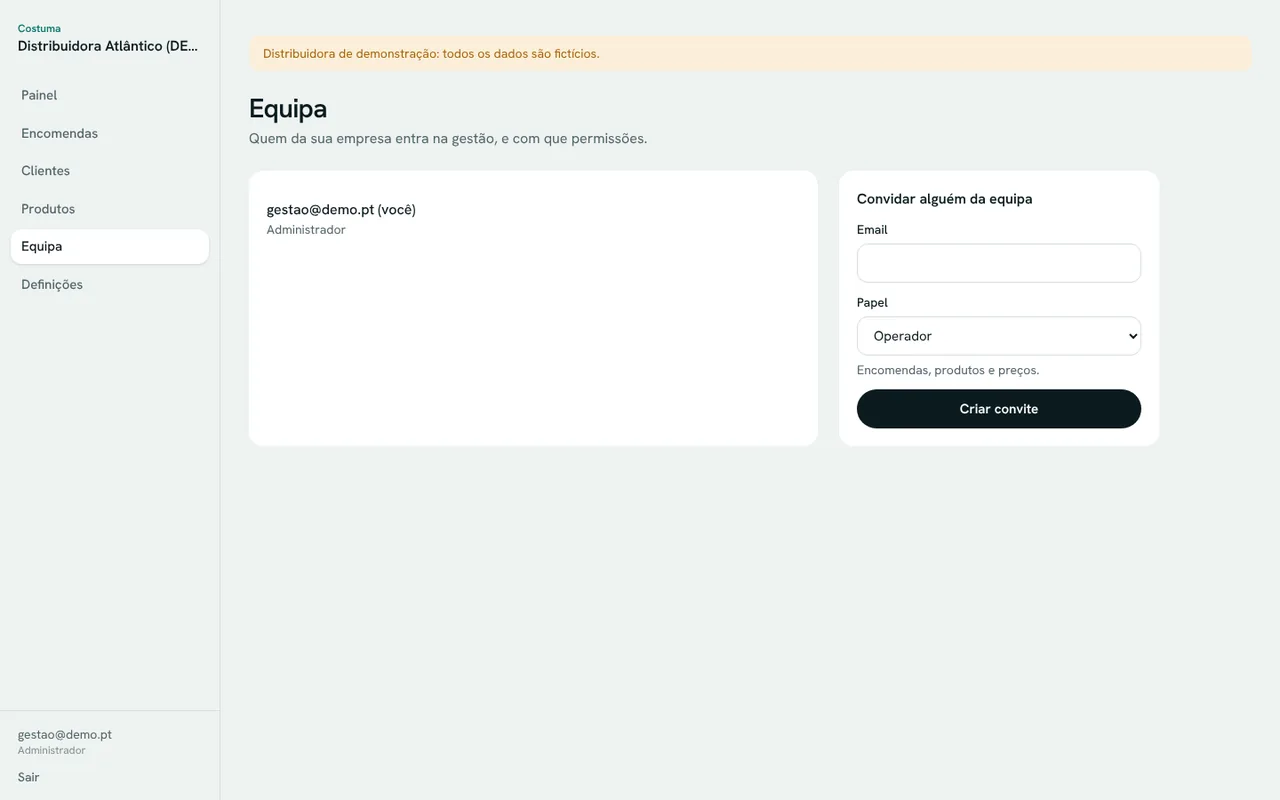 Gestão da equipa com convites por email