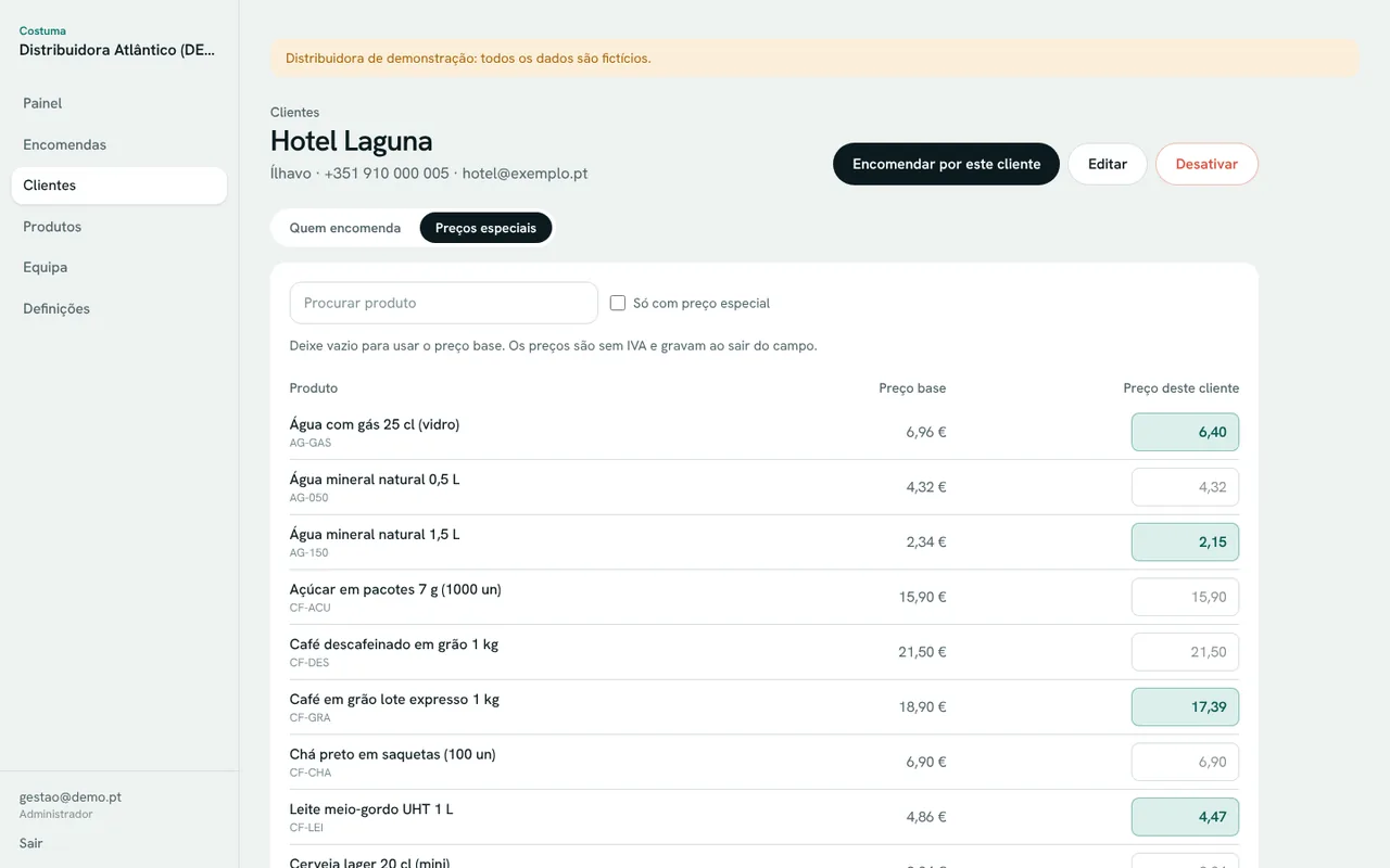 Preços especiais de um cliente, com o preço base ao lado
