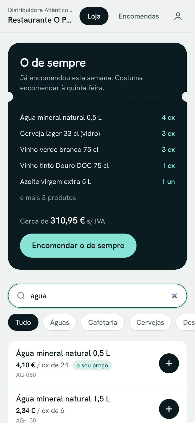 Pesquisa de produtos no telemóvel, com resultados instantâneos e o preço próprio do cliente
